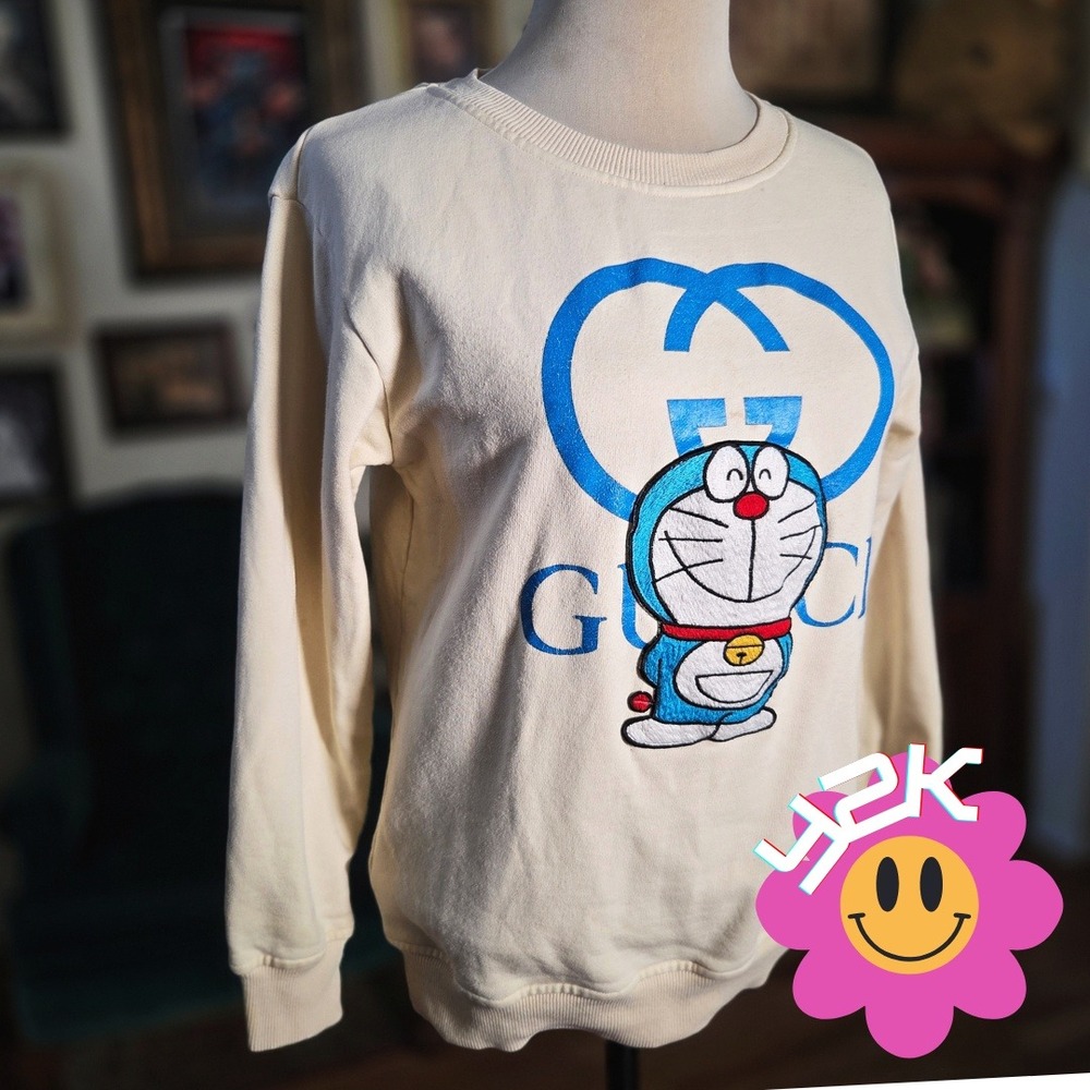 Vintage Y2K Gucci Doraemon Logo Sweatshirt Cream Graphic Designer Cartoon Collab